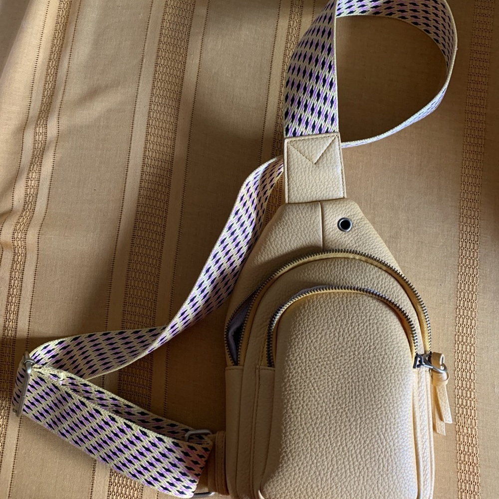 Cream Crossbody Bag with Purple Strap